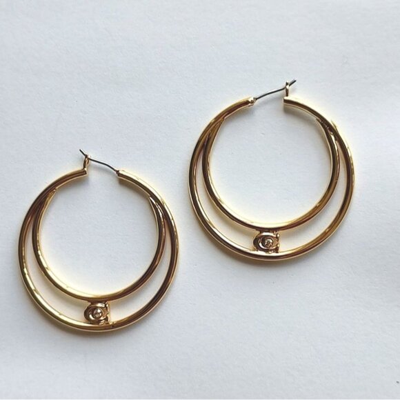 Coach Earrings Hoops Gold Signature C Zirconia Double Hoop Gold NEW - Picture 7 of 11